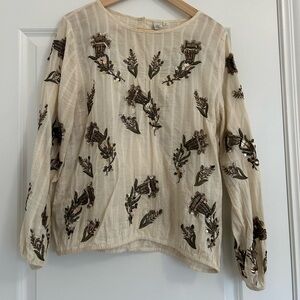 Anthropologie Gold Thread and Sequin Detail Fitted Peasant Top